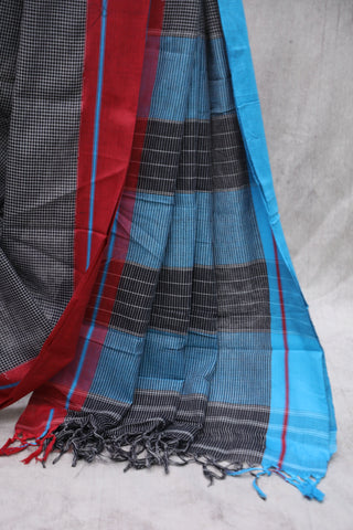 Black Small Checks Cotton Patteda Anchu Saree With Red-Blue Border -SRBPAS63