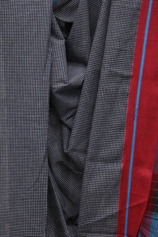 Black Small Checks Cotton Patteda Anchu Saree With Red-Blue Border -SRBPAS63