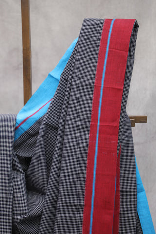 Black Small Checks Cotton Patteda Anchu Saree With Red-Blue Border -SRBPAS63