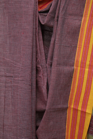 Maroon Small Checks Cotton Patteda Anchu Saree With Red-Yellow Gomi Border