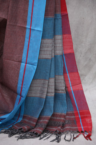 Maroon Small Checks Cotton Patteda Anchu Saree With Blue-Red Border -SRMPAS69