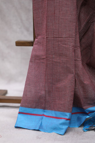 Maroon Small Checks Cotton Patteda Anchu Saree With Blue-Red Border -SRMPAS69