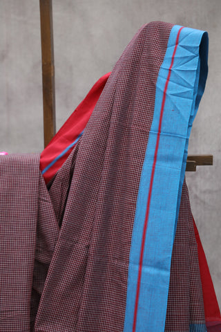 Maroon Small Checks Cotton Patteda Anchu Saree With Blue-Red Border -SRMPAS69