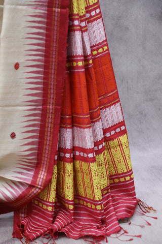 Cream Embroidered Kantha Tussar Silk Saree - SRCEKTSS1024