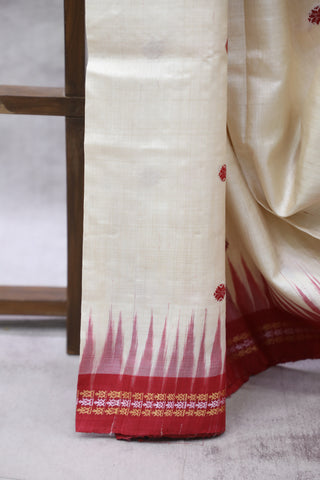 Cream Embroidered Kantha Tussar Silk Saree - SRCEKTSS1024