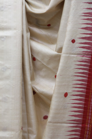 Cream Embroidered Kantha Tussar Silk Saree - SRCEKTSS1024