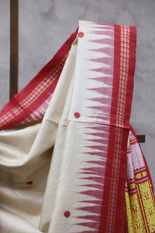 Cream Embroidered Kantha Tussar Silk Saree - SRCEKTSS1024