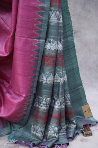 Pink Embroidered Kantha Tussar Silk Saree - SRPEKTSS1023