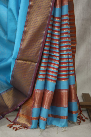 Sky Blue Maheshwari Cotton Silk Saree - SRSBMCS184EX