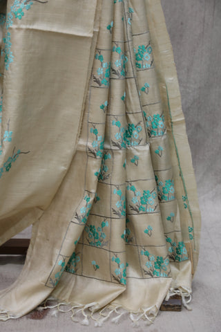 Beige Green Embroidered Tussar Silk Saree-SRBGTSS19EX