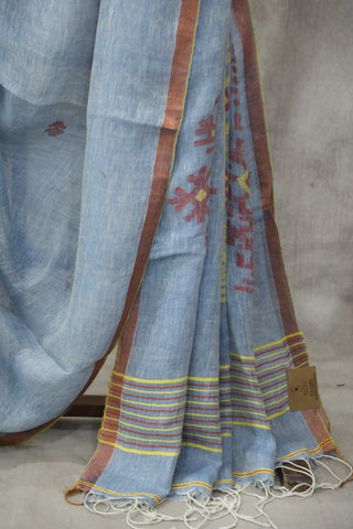 Denim Blue Linen Jamdani Saree -SRDBLJS230