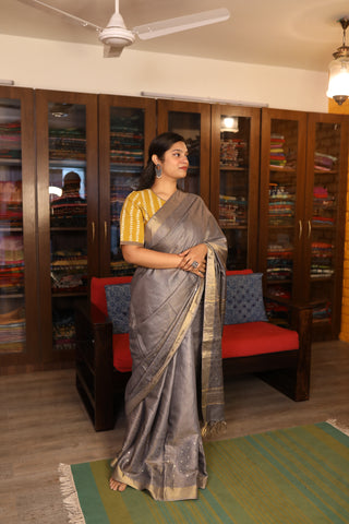 Grey Sequin Tussar Silk Saree - SRGSTSS585