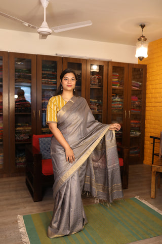 Grey Sequin Tussar Silk Saree - SRGSTSS585