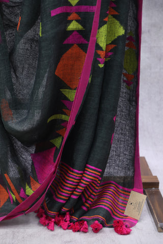 Forest Green Linen Jamdani Saree - SRFGLJS296