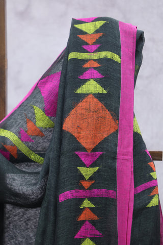 Forest Green Linen Jamdani Saree - SRFGLJS296