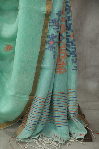 Sea Green Linen Jamdani Saree - SRSSGJS202