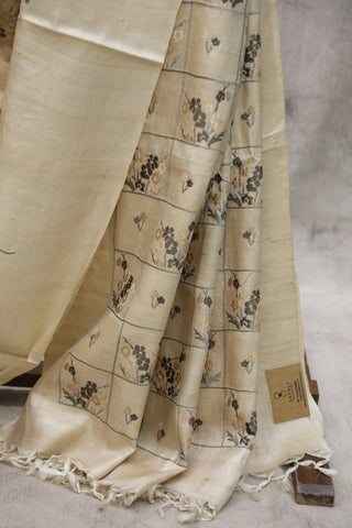 Beige Grey Embroidered Tussar Silk Saree - SRBGTSS27EX