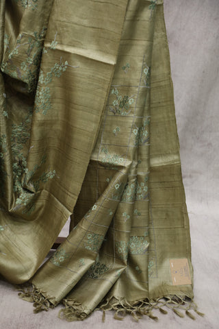 Moss Green Machine Embroidered Tussar Silk Saree-SRMGMETSS11EX