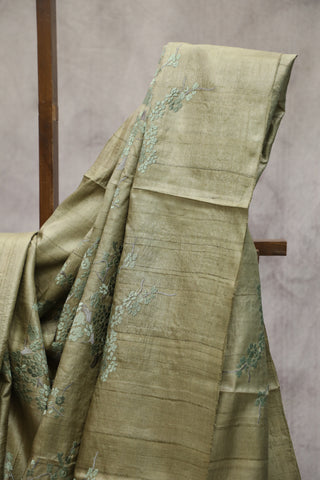 Moss Green Machine Embroidered Tussar Silk Saree-SRMGMETSS11EX