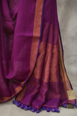 Purple Plain Linen Saree With Lavender Tassels-SRPPLS145