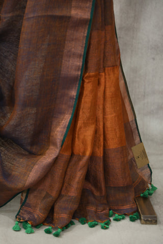 Two Tone Orange Plain Linen Saree With Green Tassels-SRTTOPLS190