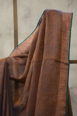 Two Tone Orange Plain Linen Saree With Green Tassels-SRTTOPLS190