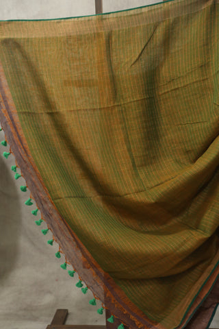 Two Tone Orange Plain Linen Saree With Green Tassels-SRTTOPLS190