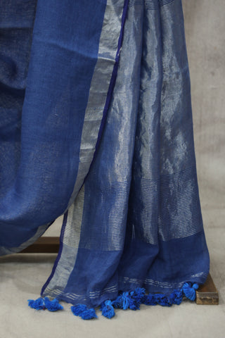 Blue Plain Linen Saree With Blue Tassels -SRBLS20EX