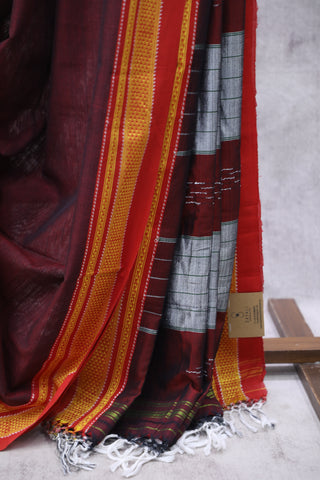 Wine Cotton Ilkal Saree with Chikki Bordar -SRWCIS415