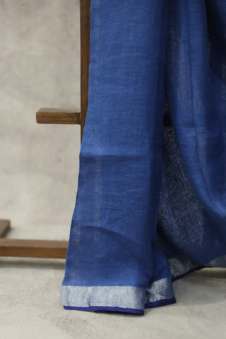 Blue Plain Linen Saree With Blue Tassels -SRBLS20EX