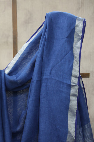 Blue Plain Linen Saree With Blue Tassels -SRBLS20EX