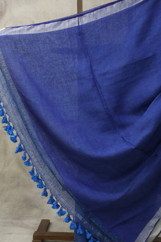 Blue Plain Linen Saree With Blue Tassels -SRBLS20EX