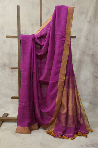 Magenta Plain Linen Saree With Khaki Tassels-SRMPLS183