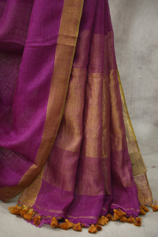 Magenta Plain Linen Saree With Khaki Tassels-SRMPLS183