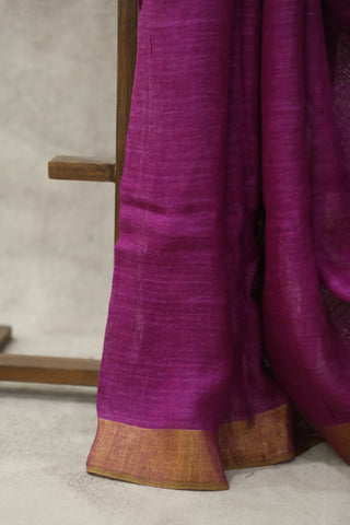 Magenta Plain Linen Saree With Khaki Tassels-SRMPLS183