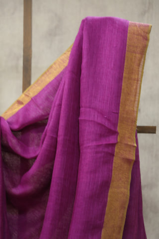 Magenta Plain Linen Saree With Khaki Tassels-SRMPLS183