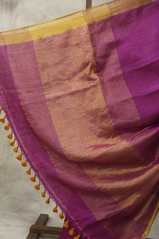 Magenta Plain Linen Saree With Khaki Tassels-SRMPLS183