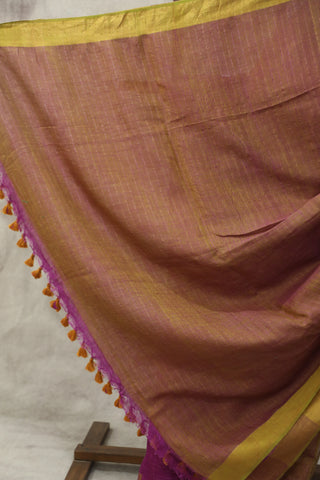 Magenta Plain Linen Saree With Khaki Tassels-SRMPLS183