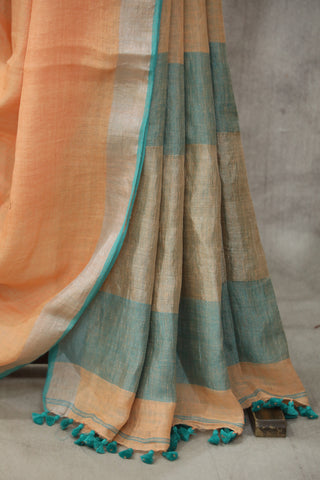 Peach Plain Linen Saree With Green Tassels-SRPPLS182