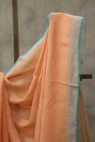 Peach Plain Linen Saree With Green Tassels-SRPPLS182