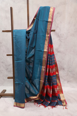 Peacock Blue Silk Maheshwari Saree -SRPBSMS147