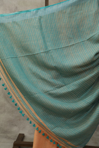 Peach Plain Linen Saree With Green Tassels-SRPPLS182