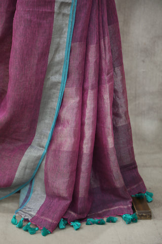 Magenta Plain Linen Saree With Green Tassels-SRMPLS184