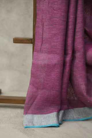 Magenta Plain Linen Saree With Green Tassels-SRMPLS184