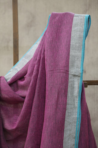 Magenta Plain Linen Saree With Green Tassels-SRMPLS184