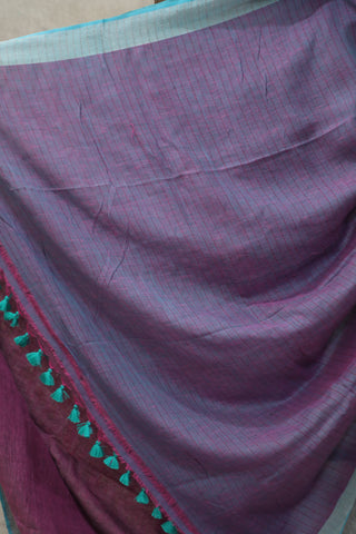 Magenta Plain Linen Saree With Green Tassels-SRMPLS184