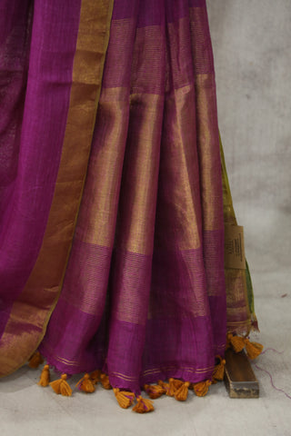 Magenta Plain Linen Saree With Khaki Tassels-SRMPLS185