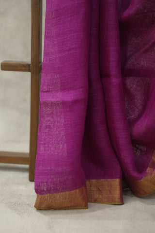 Magenta Plain Linen Saree With Khaki Tassels-SRMPLS185