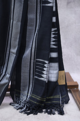 Black Cotton Ilkal Saree with Chikki Border - SRBCIS452