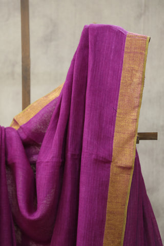 Magenta Plain Linen Saree With Khaki Tassels-SRMPLS185